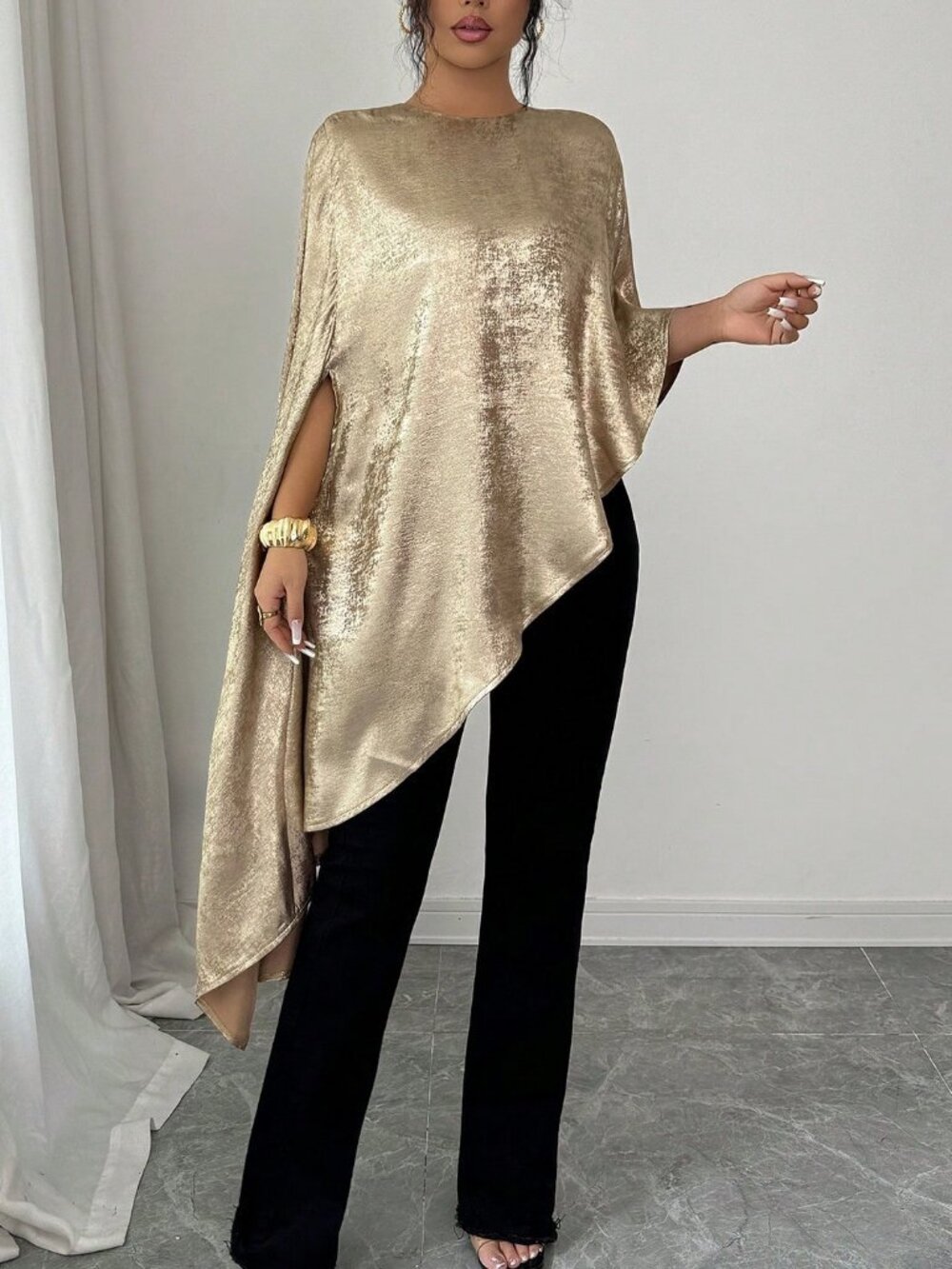 Gold Women's Elegant flowy asymmetrical blouse Top - Picture 6 of 6